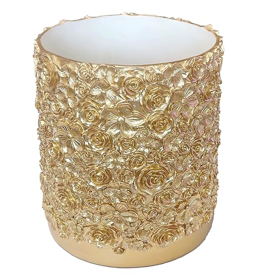 Decorative Glod Trash Can Elegant Resin Carved Waste Basket 8x10 Trash Bin Decor Rose Floral Garbage Can for Office BathroomBedroomLivingroom 8L/2.2Gallon(Gold)