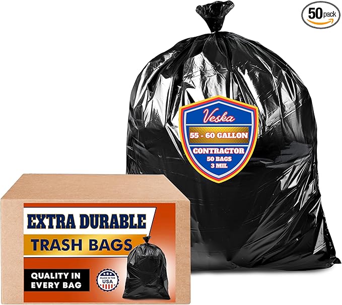 Veska Contractor Garbage Bags 55 Gallon 3 MIL Heavy Duty (MegaValue 50 Bags w/Ties) Contractor Trash Bags 50-60 Gallon 3 Mil Contractor Bag Heavy Duty 55 Gallon Extra Large Industrial Contractor