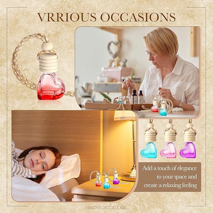 50 Pcs 6ml Hanging Car Air Diffuser Bottle Empty Glass Perfume Air Freshener Heart Love Bottle Diffuser Pendant Valentine's Day Essential Oil Fragrance Aromatherapy Ornament (Multicolor)