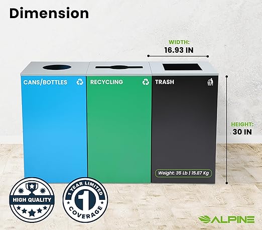 Alpine Indoor Recycling Bin -Commercial Trash Can Recycling Station Combo Customizable 3 Compartment Metal Large Black Blue Green Recycle Trash Cans with Lids &amp Stickers for Office Mall Air