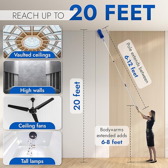 Ceiling Fan Duster Cobweb Duster Extendable Reach 20 feet | 3-Stage Aluminum Telescoping Pole | Extends for High Ceiling Duster | Long Handle Plus 2 Duster Heads