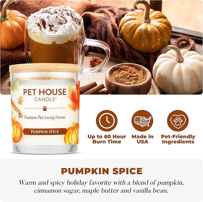 One Fur All Pet House Fall Candles Long Lasting Clean Burning Soy Wax Scented Candles for Pet Odor Pumpkin Spice 2 Pack