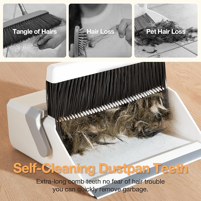 Broom with Dustpan Combo SetUOEOS One-Sweep CleanPet Hair Removal Broom with Self-Cleaning Double-Layer TeethHigh Density Broom and Windproof Dustpan for Indoor&ampOutdoor