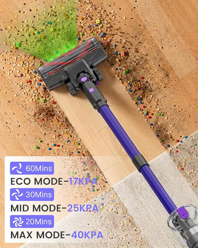 Cordless Vacuum Cleaner500W 40KPa 120Mins Runtime with 2 BatteriesAnti-Tangle Stick Vacuum with Green LightRechargeable Wireless Vacuum for Pet Hair/Carpet/Hardwood FloorPurple
