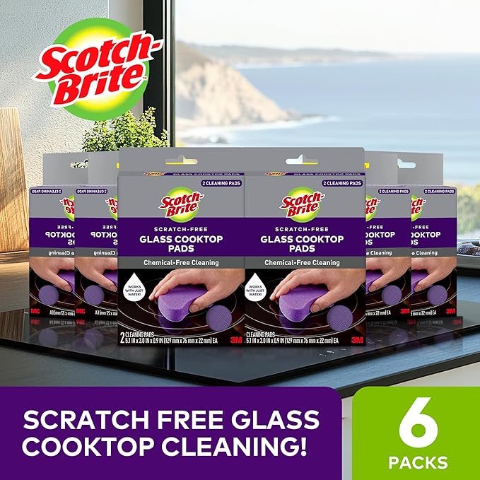 Scotch-Brite Glass Cooktop Pads Scratch-Free &amp Non-Abrasive Scrubbers for Glass or Ceramic Stovetops Cleans Burnt-On Messes with Just Water Reusable Dishwasher-Safe Design (12 Pads)