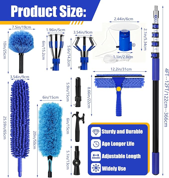 20FT Light Bulb Changer for High Ceilings with 5-12FT Heavy Duty Extension PoleHigh Ceiling Fan Duster Extendable Reusable CobwebFeatherWindow Cleaning Squeegee Kit for Home &amp HouseInterior Ro