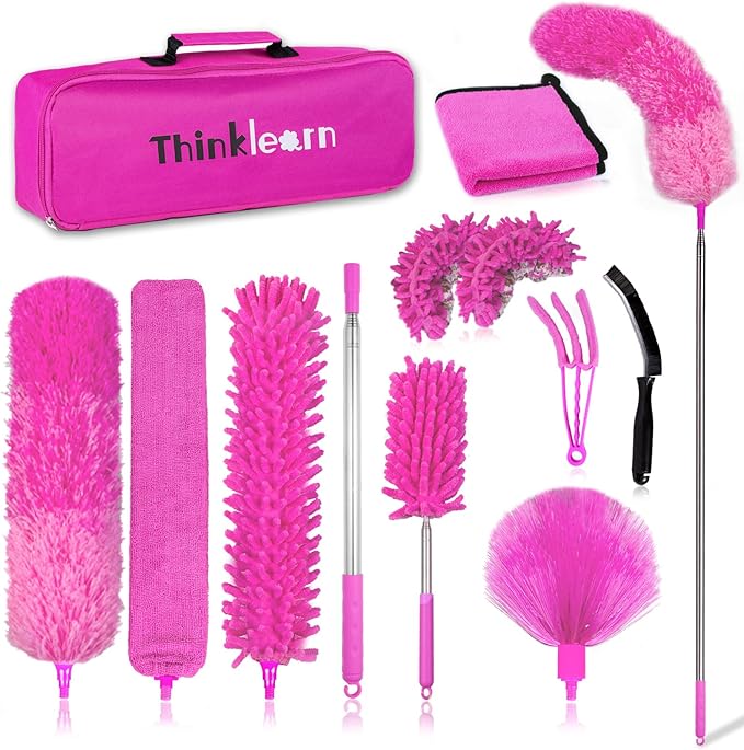 ThinkLearn Microfiber Dusters for Cleaning14PCS Feather Dusters with Extension PoleBendable Washable and Extendable Duster for High Ceilings Fans and Blinds House Cleaning Kit Pink Gift for Women