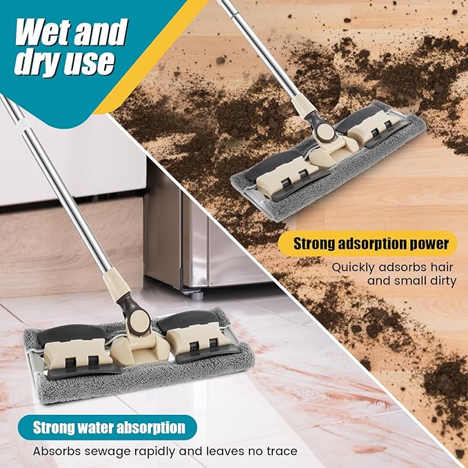 Microfiber Dust Mop with Adjustable Handle360 ° Rotating Floor Cleaning Mop with 3 Replacement Mop Pads Scraper 32inch Long Handle Flat Floor Mops Wet or Dry Microfiber Cleaning Mop for Floor
