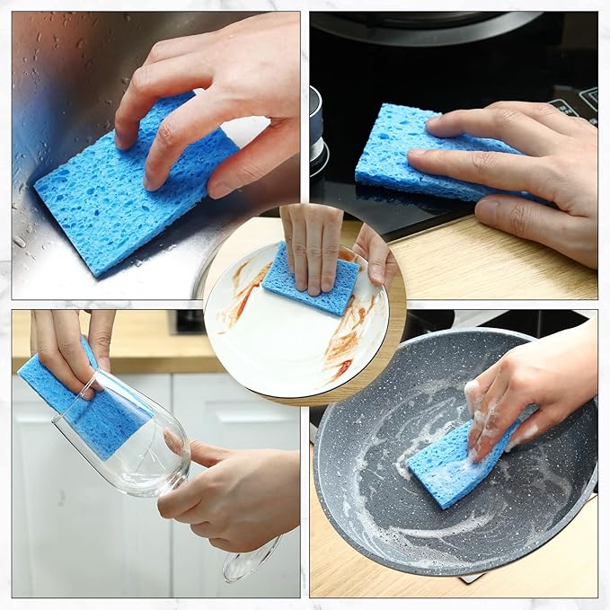 Zhengmy 100 Pieces Sponges Kitchen Compressed Sponges Bulk Natural Dish Sponge Compressed Wood Pulp Cleaning Sponge Without Scratching for Kitchen Bathroom 3.9 x 2.4 x 0.12 Inch (Blue)