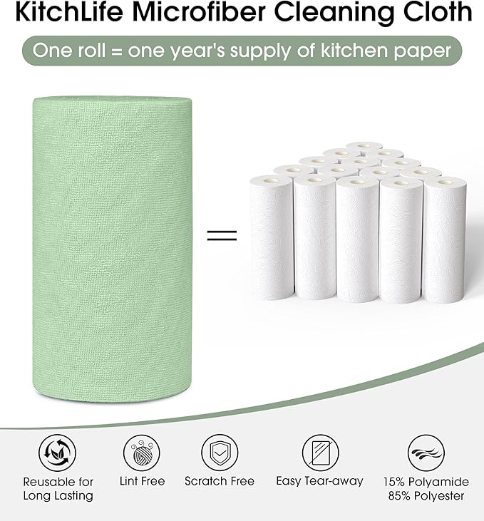 KitchLife Microfiber Cleaning Cloth Roll 100 Pack - Tear-Away Microfiber Paper Towels Lint-Free Reusable Washable for Kitchen Car Dishes and Sensitive Surfaces (Bean Green)