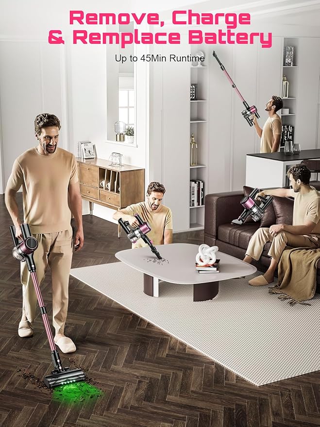 Cordless Vacuum Cleaner 10 in 1 Stick Vacuum with Powerful Suction Hose Green LED Light Anti-Tangle Brush Lightweight Rechargeable Vacuum Cleaner for Home Hardwood Floors Carpets Pet HairPink