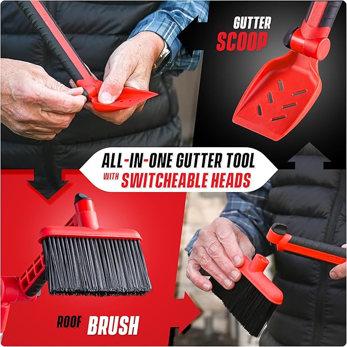 Multi-Angle Gutter Cleaning Tools from the Ground - Gutter Cleaner tool attachment for Threaded Poles - Gutter Scoop &amp Brush for rain gutter cleaning and leaf removal from Gutter Guard