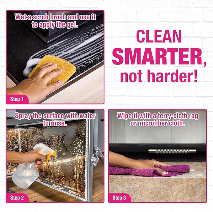 Quick'n Brite Fireplace Brick and Stone Cleaner 32oz with Scrub Brush - Natural Stone Tile and Marble Cleaner - Indoor Fireplace and Wood Stove Cleaning Kit - Pellet Stove Creosote Remover