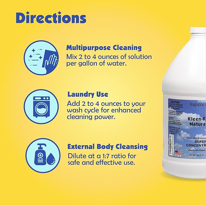 Kleen Free Naturally Enzyme Cleaner Enzyme Solution and Multi-Purpose Cleaner Laundry Additive and More (Unscented 128oz)