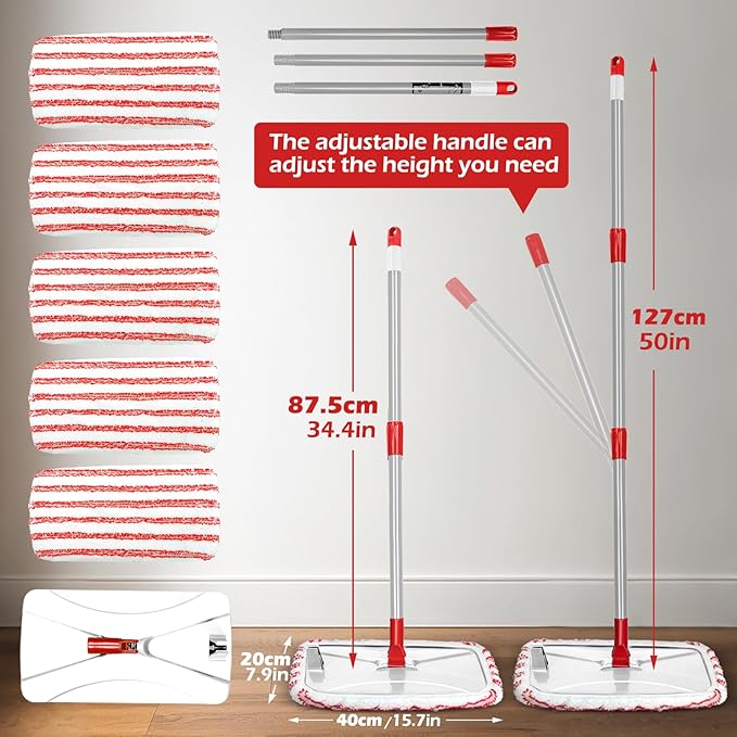 Masthome Extra Large Microfiber Mop for Floor Cleaning 16“ Flat Mop with 5 Pad for Wet &amp Dry Use Dust Mop for Hardwood Laminate Tile Ceramic 1 Cleaning Scraper Included-Red