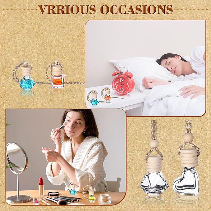 50Pcs 8ml&amp6ml Hanging Car Air Freshener Diffuser Empty Clear Glass Essential Diffuser Oil Aromatherapy Fragrance Perfume Pendant Glass Vials with Wooden Caps Car Diffuser Air Freshener