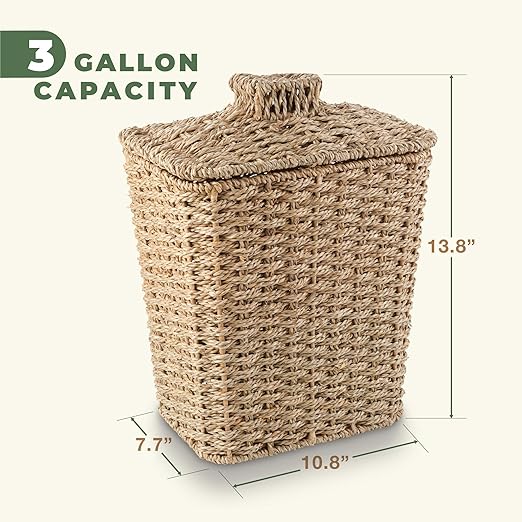 Wicker Trash Can with Lid and Liner - Rattan Trash Can for Bathroom - Decorative Wicker Waste Basket for Bedroom Kitchen and Office (Natural Seagrass)
