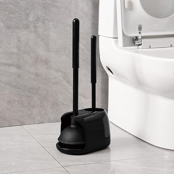 Eyliden Toilet Plunger and Brush 2 in 1 Toilet Bowl Brush Plunger Set with Holder Bathroom Cleaning Tools Combo with Caddy Stand Nylon Bristles Shatter-Resistant Plastic Black