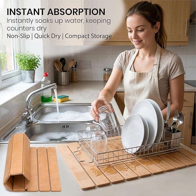 Large Stone Drying Mat 24x16 – Diatomaceous Earth Stone Dish Drying Mat – Foldable Ultra-Absorbent &amp Quick-Drying Countertop Protector for Cups Plates Utensils &amp Cookware - Wood Grain Tex
