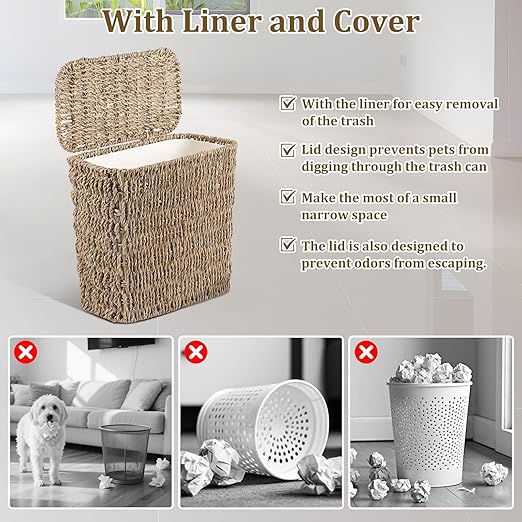 Wicker Waste Basket with Lid and Liner Woven Seagrass Trash Can Bathroom Trash Can Boho Garbage Wastebasket for Bedroom Home Living Room Office Kitchen 2.5 Gallon