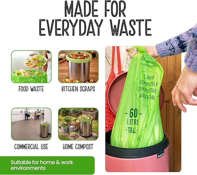 Eco Green Living 60 Litre Compostable Bin Liners Plastic Free &amp Recyclable Tall Bin Bags for Food Waste Leak Resistant Small Bin Liners 87 x 114 cm - Six Pack (60 Bags)