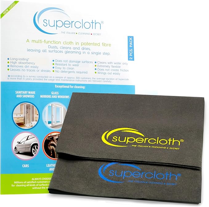 Supercloth® Premium Microfiber Cleaning Cloth for All-Purpose Lasts Over 5 Years Glasses Cleaning Cloth Microfiber Cloth for Cars Magic Reusable Cloth Streak-Free 100% Made in Italy (2pk)