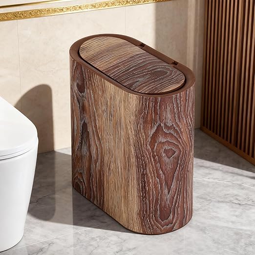 Bathroom Trash Can with Pop-Up Lid Lids Small Garbage Bin Plastic Marble Wood Pattern Trashcans Removable Liner Bucket Wastebasket Modern Narrow Waste Basket for Home Kitchen Bedroom Office