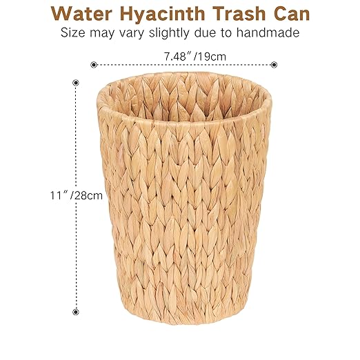 2 Pack Wicker Trash Can Small Bathroom Trash Can 2 Gallon Woven Natural Water Hyacinth Waste Basket for Bedroom Boho Garbage Can for Decor Home Kitchen Living Room Office (Round)