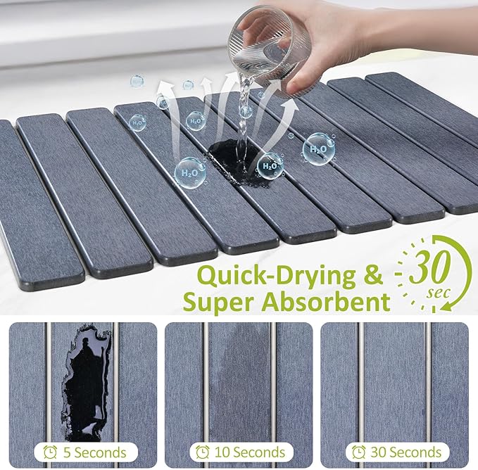Large Stone Dish Drying Mat for Kitchen Counter 24(L)×16(W) Collapsible Quick Dry Stone Dish Mats Super Absorbent Diatomaceous Earth Drying Pad for Dishes Bottles Cups Countertops (Black Grey)