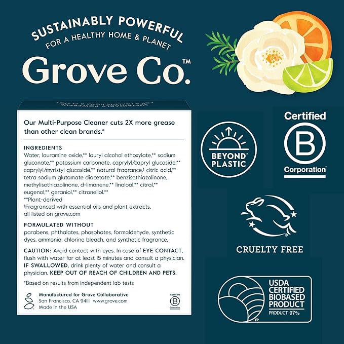 Grove Co. Multi-Purpose Cleaner Refill Concentrate (2 x 1 Oz) + Glass Spray Bottle (16 Oz) Plant-based Household Cleaning Supplies Bundle No Plastic Waste 100% Natural Orange &amp Rosemary Scent