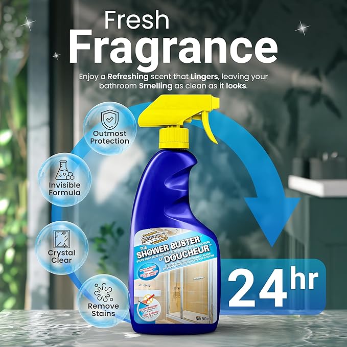 SURF PRO Shower Glass Door Cleaner – Shower Buster Spray for Soap Scum &amp Hard Water Stains – No Scrub Bathroom Cleaner for Glass Tile Chrome Ceramic RV and Septic Safe (500ml / 16.9oz)