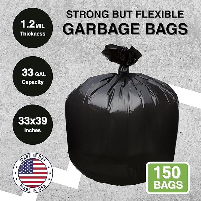 33 Gallon Garbage Trash Bag 33X39 1.2 Mil Black 150 Count Can Liner Bulk 30 Gallon 31 Gallon 32 Gallon 34 Gallon 35 Gallon Made in USA
