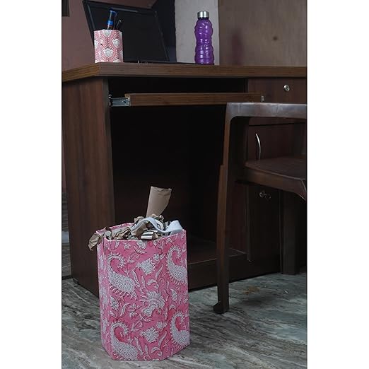 Floral Hand Block Printed 3.3 Gallon Decorative Waste Basket – Eco-Friendly Cardboard Trash Can Plastic-Free &amp Sustainable Perfect for Christmas and Housewarming Gifts (1 Pink MUKAT)