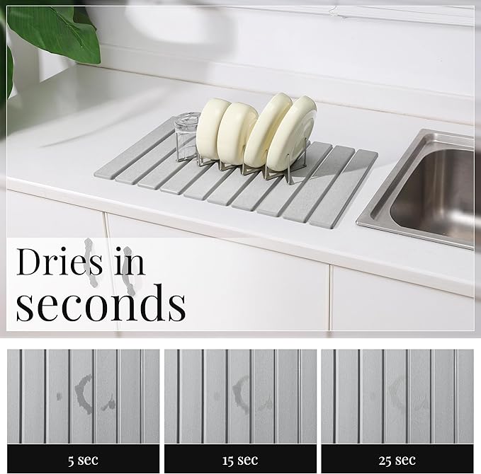 Diatomaceous Stone Dish Drying Mat with Collapsible Steel Rack - Quick Dry Kitchen Counter Set Space Saving Foldable Dryer