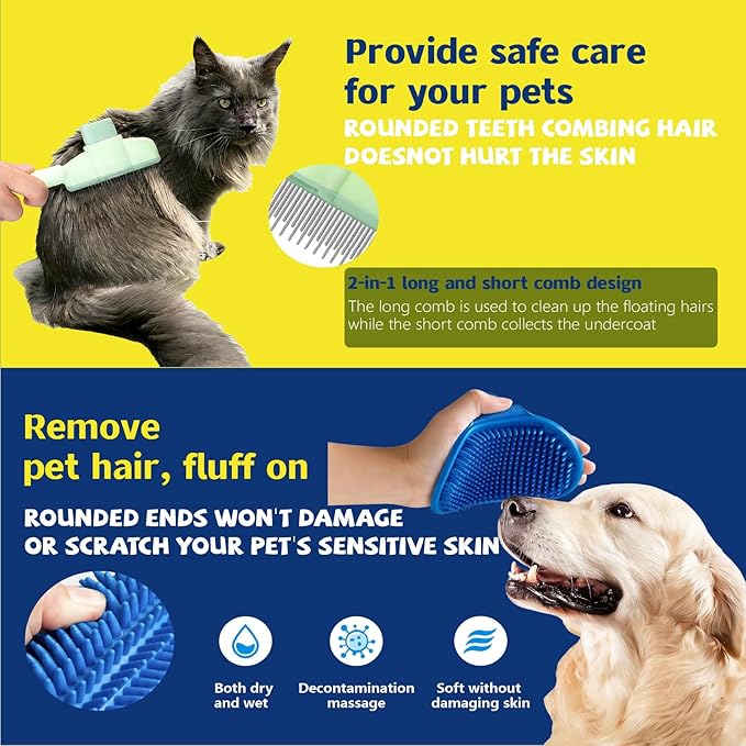 4-in-1 Pet Hair Removal Kit Reusable Lint Roller Anti-Slip Glove Deshedding Comb Portable Sticky Roller for Cats and Dogs（Blue）