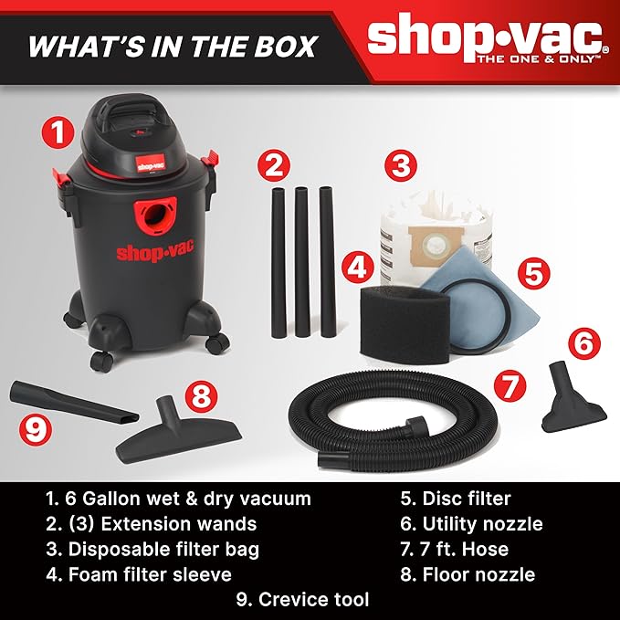 Shop-Vac 5985005 6 Gallon Wet/Dry Vacuum 3.5 Peak HP 1.25 Inch Diameter x 7 Foot Hose 6 Foot Cord Ideal for Home Garage and Workshop Cleaning