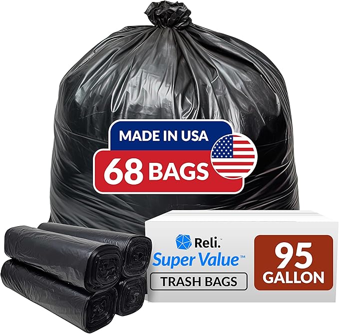 Reli. 95 Gallon Trash Bags Heavy Duty | 68 Trash Bags | Super Sizeable Black Garbage for Serious Cleanup