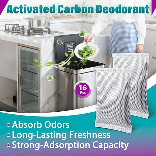 16 Pcs Activated Charcoal Odor Absorbing Filter Refills Compatible with 8 Gallon &amp Larger Trash Cans Long-Lasting Deodorizer Replacement for Kitchen/Bathroom Use