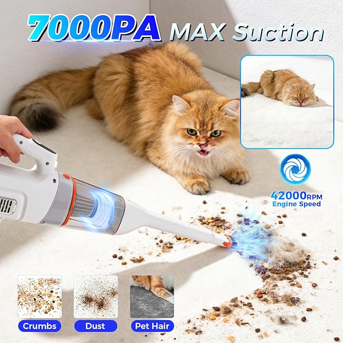 Heapsion Handheld Vacuum Cleaner Cordless 7000Pa Suction Portable Pet Hair Vacuum 30-Min Runtime Rechargeable Type-C Lightweight with Telescopic Tube for Car Home &amp Office with Telescopic Tu