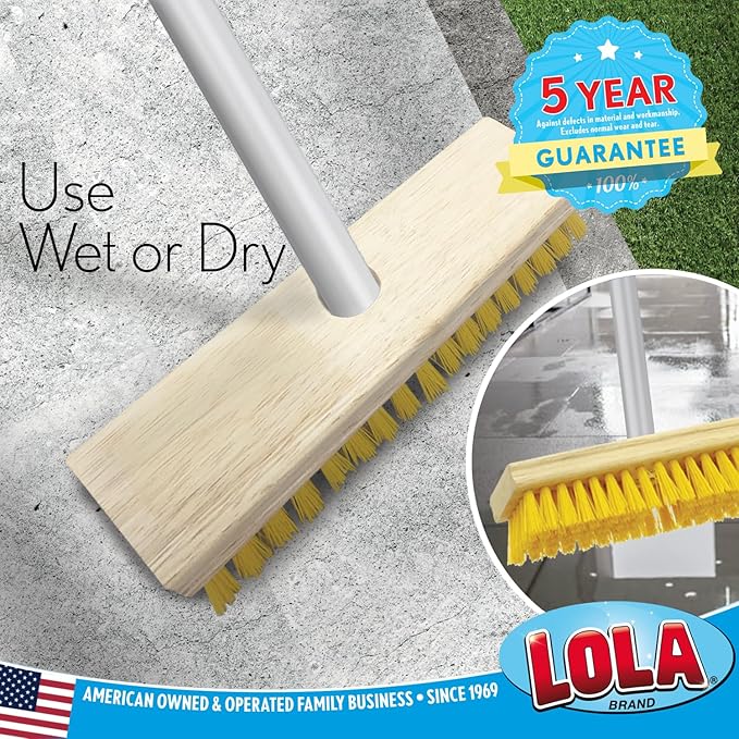 LOLA Deck Scrub Brush Outdoor Broom Durable Bristles Remove Dirt Grime Grout Leaves Snow on Patios Decks Wet or Dry 2 Pack