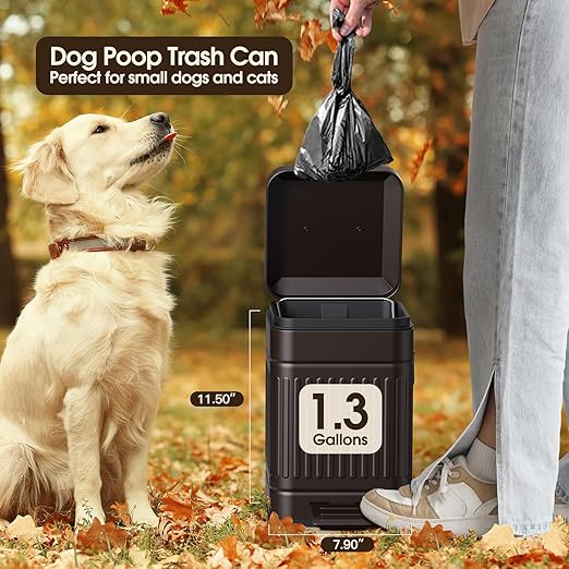 CEROELDA Small Trash Can with Lid-5L/1.3 GalStainless Steel Outdoor Dog Poop Garbage Can-Farmhouse Retro Metal Waste Bin w/Step Pedal for Bathroom Bedroom Office-Soft Close-Brown