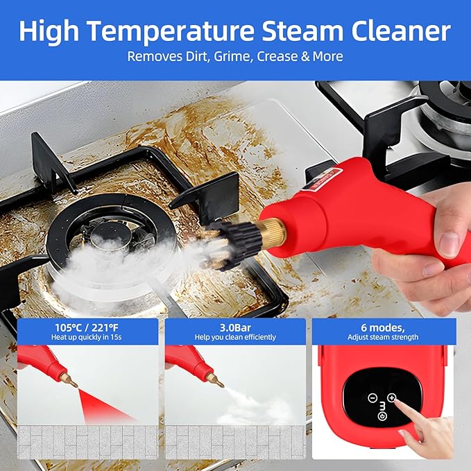 2500W High Pressure Steam Cleaner High Temperature Pressurized Steam Cleaning Machine 1100ml 3 Bar Portable Handheld Steam Cleaners with 3 Brush Heads for Home Use/Car Detailing