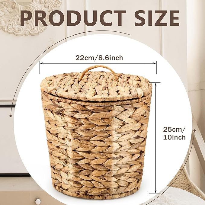 Ctosree 2 Pcs Wicker Trash Can Basket Woven Waste Basket with Lid Bathroom Wastebasket Garbage Bin with 100 Pieces of Trash Bags for Bedroom Farmhouse Home Office Kitchen(Medium)