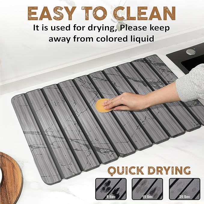 Foldable Stone Dish Drying Mat for Kitchen Counter 24” x 16” Large Diatomaceous Earth Quick Dry Mat Absorbent Sink Tray with Brush for Dishes Cups and Bottles