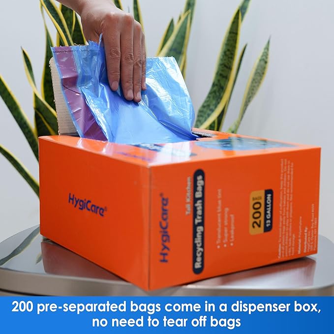 13 Gallon Recycling Trash Bags Unscented 200 Count Drawstring Tall Kitchen Garbage Bags Pre-Separated Ultra Strong Leakproof Sturdy Translucent Blue