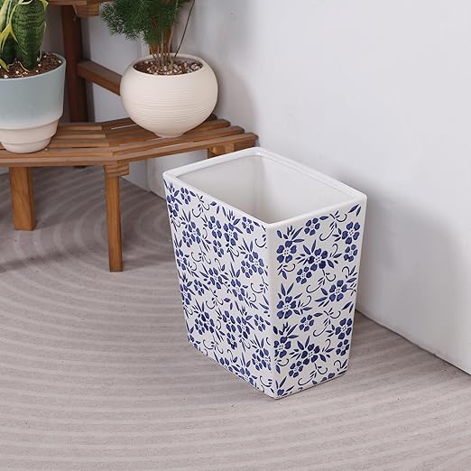 Blue and White Floral Ceramic Trash Can – 2.5 Gallon Small Bathroom &amp Kitchen Garbage Bin Decorative Waste Basket for Bedroom Office Hotel – Elegant Floral Design Heavy Duty (9 Liter Gift Ide