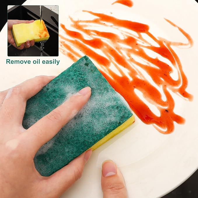 90 Pack Individually Wrapped Sponges Uncompressed Kitchen Dishwashing Non Scratch Scrouing Sponge Bulk for Hotel Car Airbnb ApartmentsGreen
