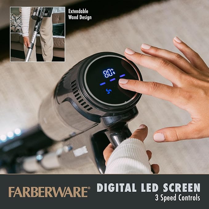 Farberware Cordless Elite Stick Vacuum Cleaner Powerful Suction 3 Speeds for Carpet and Hard Floors Handheld Vacuum for Pet Hair LED Screen
