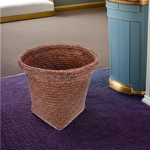 Straw Woven Wastebasket Small Trash Can Coffee Color Medium Size Household Office Waste Paper Basket for Bedroom Bathroom Countertop Use