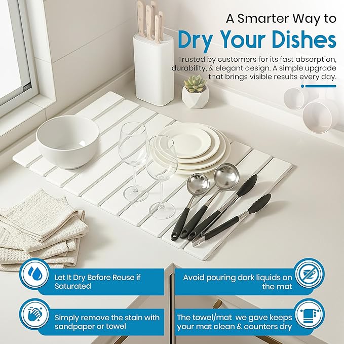 Diatomaceous Earth Dish Drying Mat – 24 x 16 Inch Collapsible Dish Drying Rack Multipurpose Stone Bath Stone Mat Includes Sanding Tool Anti Slip Mat – Elegant and Functional Design